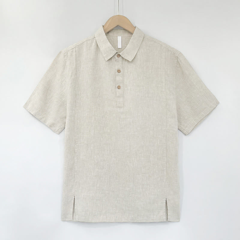 Buddha Stones Summer Casual Side Slit Solid Linen Men's Short Sleeve Shirts - Beige - US/UK/AU44,EU54 (4XL) - image 11