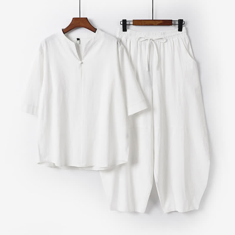 Buddha Stones 2Pcs Spring Summer Casual Tang Style Drawstring Solid Shirt Cropped Pants Men's Meditation Cloth With Pocket - White - US/UK/AU54,EU64 (9XL) - image 15