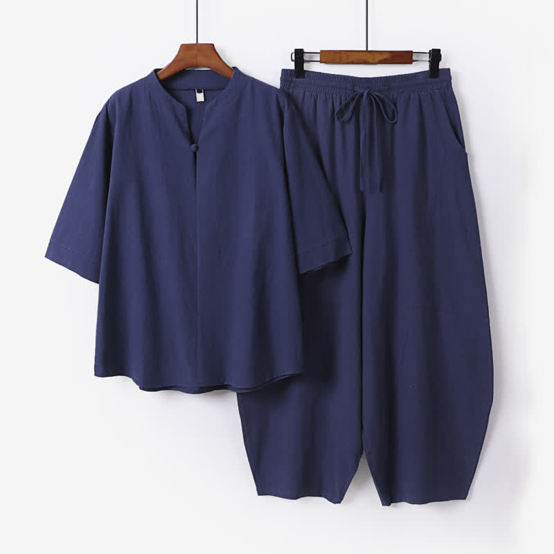 Buddha Stones 2Pcs Spring Summer Casual Tang Style Drawstring Solid Shirt Cropped Pants Men's Meditation Cloth With Pocket - MidnightBlue - US/UK/AU54,EU64 (9XL) - image 6