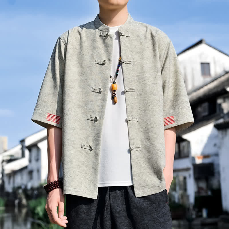 Buddha Stones Summer Tang Style Mandarin Collar Frog Button Solid Men's Short Sleeve Shirts - Beige - US/UK/AU46,EU56 (5XL) - image 0