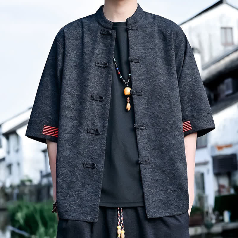 Buddha Stones Summer Tang Style Mandarin Collar Frog Button Solid Men's Short Sleeve Shirts - Black - US/UK/AU46,EU56 (5XL) - image 5