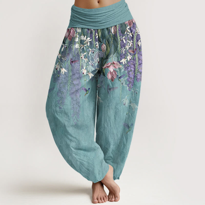 Buddha Stones Pure Cotton Orchid Birds Pattern Women's Elastic Waist Harem Pants - MediumTurquoise - US16,UK/AU20,EU48 (3XL) - image 0
