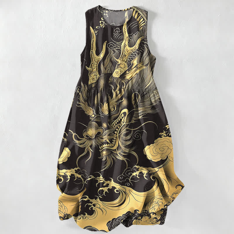 Buddha Stones Summer Casual Oriental Dragon Cloud Pattern Women's Summer Sleeveless Midi Dress With Pockets - Black - US16,UK/AU20,EU48 (3XL) - image 0
