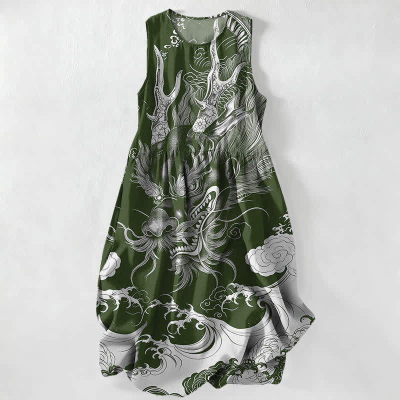 Buddha Stones Summer Casual Oriental Dragon Cloud Pattern Women's Summer Sleeveless Midi Dress With Pockets - DarkOliveGreen - US16,UK/AU20,EU48 (3XL) - image 4