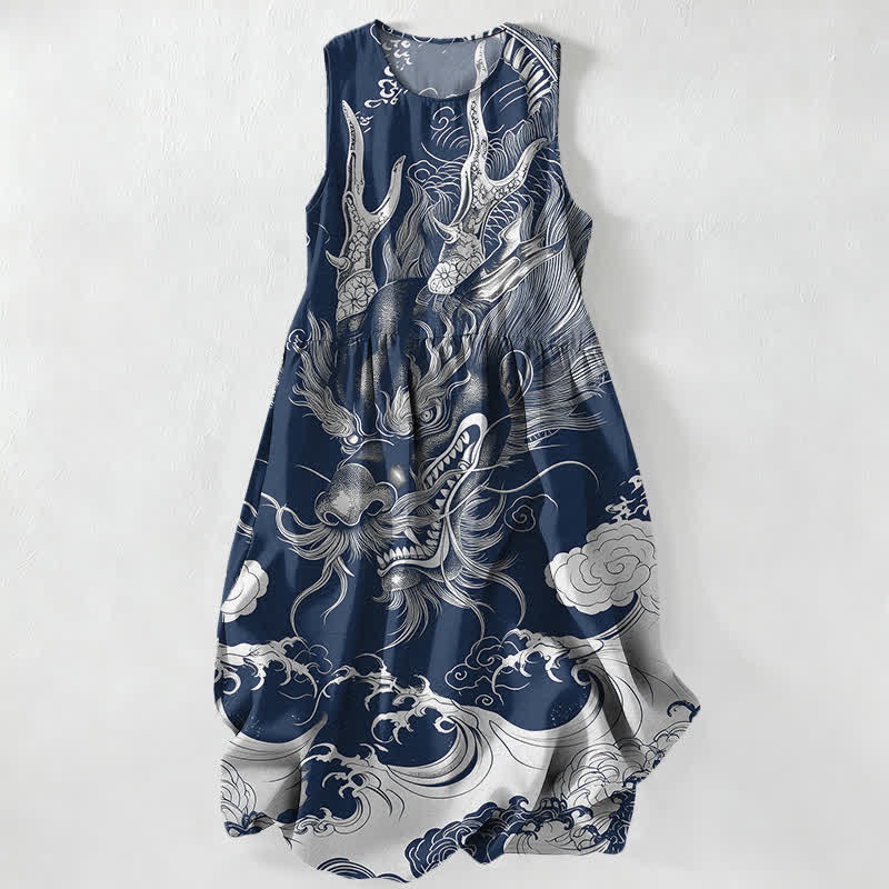 Buddha Stones Summer Casual Oriental Dragon Cloud Pattern Women's Summer Sleeveless Midi Dress With Pockets - Navy - US16,UK/AU20,EU48 (3XL) - image 5