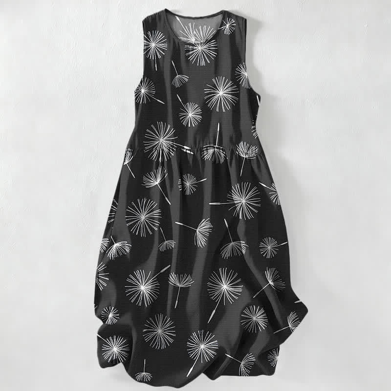 Buddha Stones Summer Casual Dandelion Bloom Pattern Women's Summer Sleeveless Midi Dress With Pockets - Black - US16,UK/AU20,EU48 (3XL) - image 4