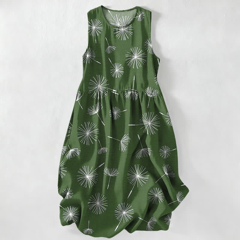 Buddha Stones Summer Casual Dandelion Bloom Pattern Women's Summer Sleeveless Midi Dress With Pockets - OliveDrab - US16,UK/AU20,EU48 (3XL) - image 5