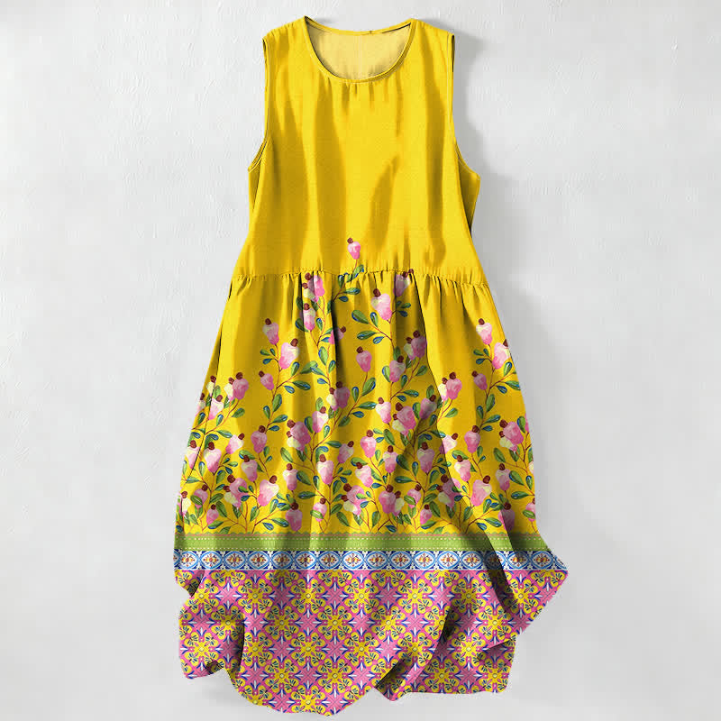 Buddha Stones Summer Casual Floral Border Pattern Women's Summer Sleeveless Midi Dress With Pockets - Yellow - US16,UK/AU20,EU48 (3XL) - image 0
