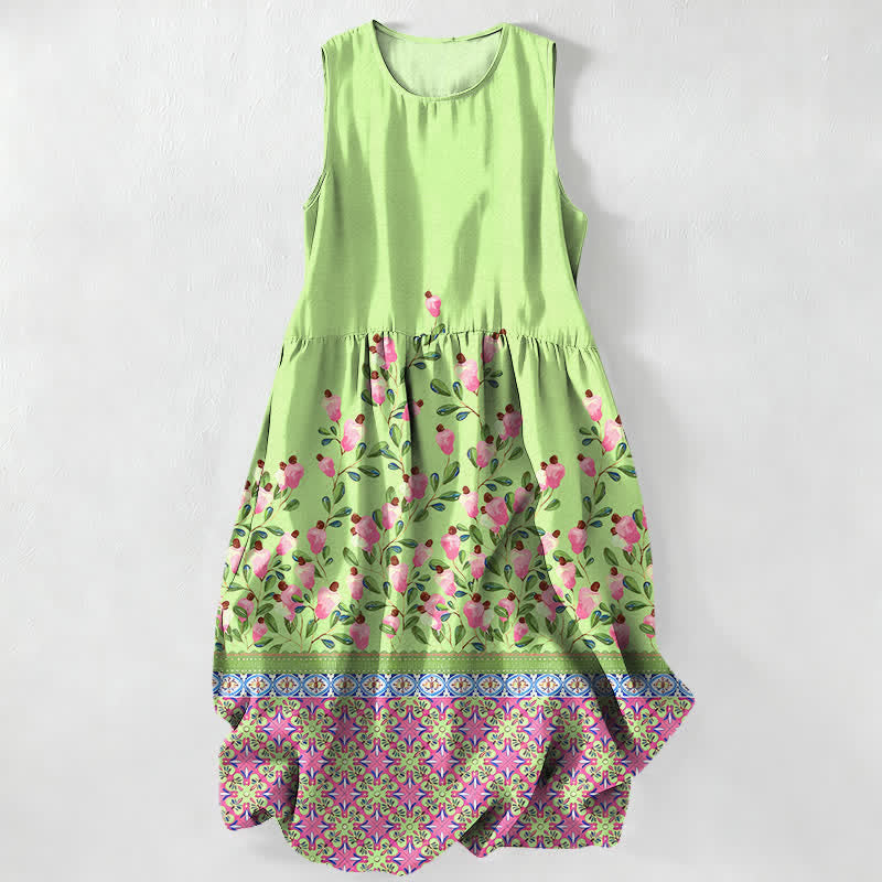 Buddha Stones Summer Casual Floral Border Pattern Women's Summer Sleeveless Midi Dress With Pockets - LightGreen - US16,UK/AU20,EU48 (3XL) - image 4