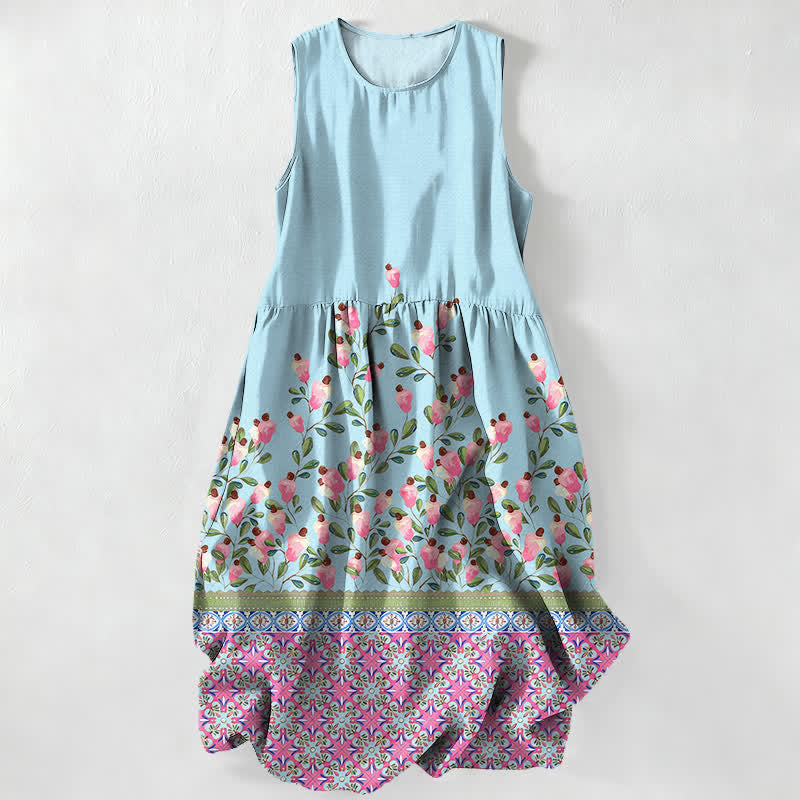 Buddha Stones Summer Casual Floral Border Pattern Women's Summer Sleeveless Midi Dress With Pockets - LightBlue - US16,UK/AU20,EU48 (3XL) - image 5