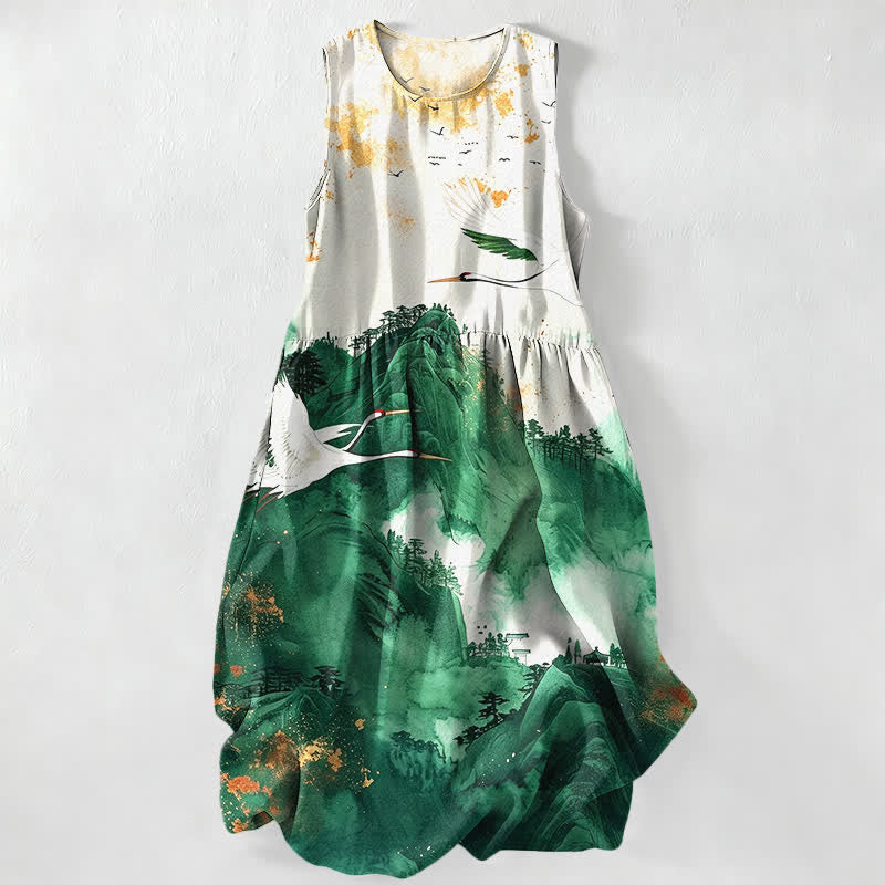 Buddha Stones Summer Casual Ink Landscape Cranes Pattern Women's Summer Sleeveless Midi Dress With Pockets - ForestGreen - US16,UK/AU20,EU48 (3XL) - image 0