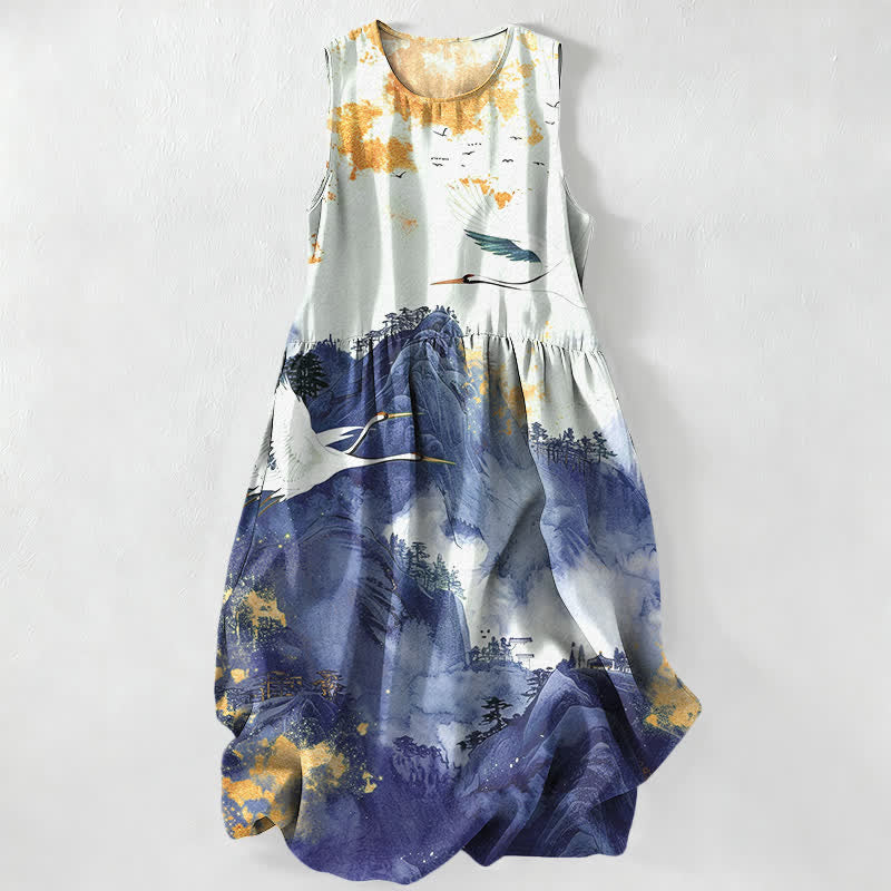 Buddha Stones Summer Casual Ink Landscape Cranes Pattern Women's Summer Sleeveless Midi Dress With Pockets - SteelBlue - US16,UK/AU20,EU48 (3XL) - image 4