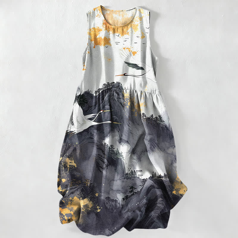 Buddha Stones Summer Casual Ink Landscape Cranes Pattern Women's Summer Sleeveless Midi Dress With Pockets - Black - US16,UK/AU20,EU48 (3XL) - image 8
