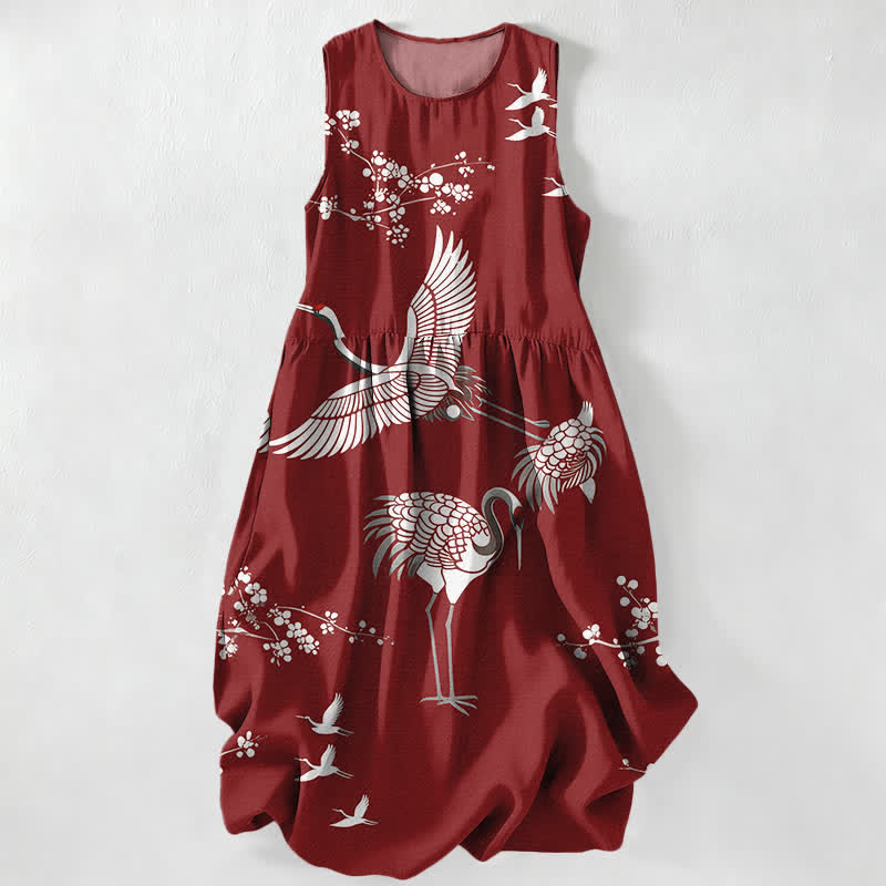 Buddha Stones Summer Casual Crane Blossom Pattern Women's Summer Sleeveless Midi Dress With Pockets - Maroon - US16,UK/AU20,EU48 (3XL) - image 0