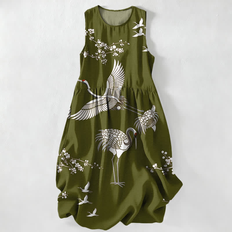 Buddha Stones Summer Casual Crane Blossom Pattern Women's Summer Sleeveless Midi Dress With Pockets - OliveDrab - US16,UK/AU20,EU48 (3XL) - image 4