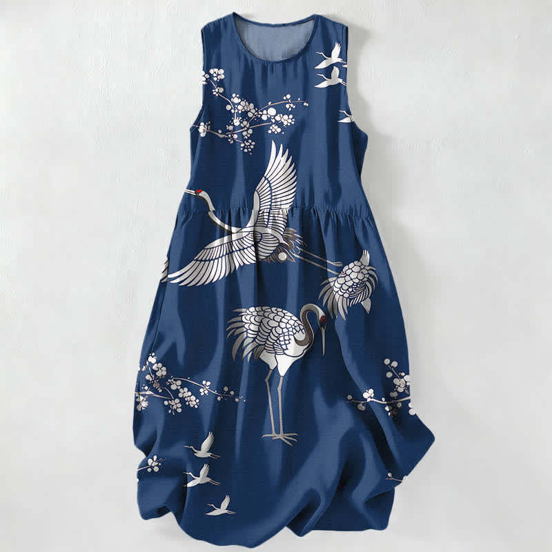 Buddha Stones Summer Casual Crane Blossom Pattern Women's Summer Sleeveless Midi Dress With Pockets - Navy - US16,UK/AU20,EU48 (3XL) - image 8