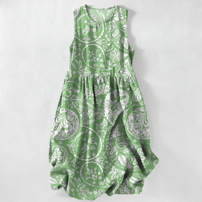 Buddha Stones Summer Casual White Medallion Floral Pattern Women's Summer Sleeveless Midi Dress With Pockets - PaleGreen - US16,UK/AU20,EU48 (3XL) - image 0