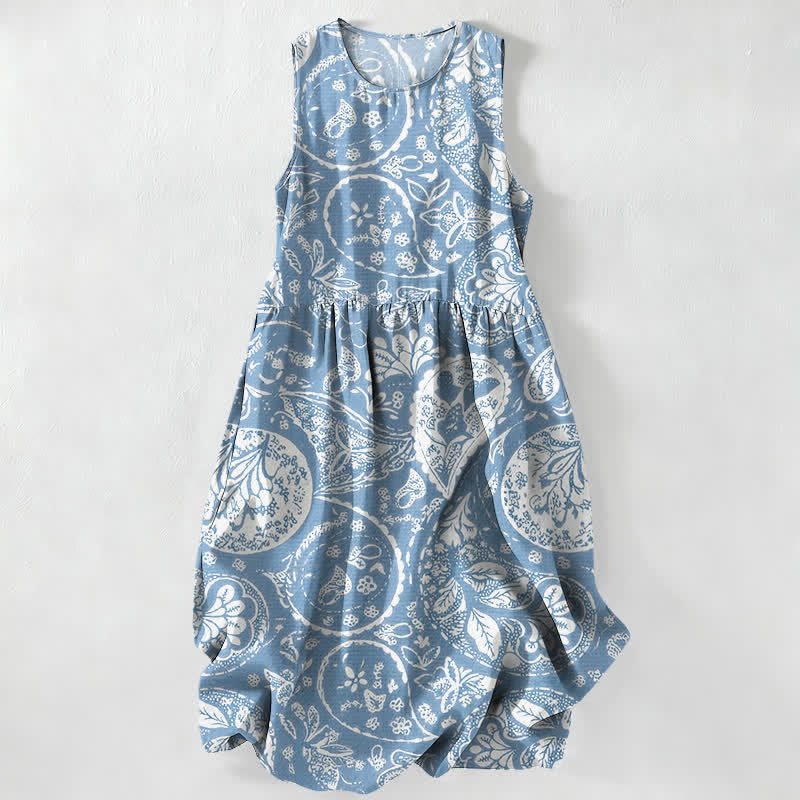 Buddha Stones Summer Casual White Medallion Floral Pattern Women's Summer Sleeveless Midi Dress With Pockets - PowderBlue - US16,UK/AU20,EU48 (3XL) - image 4