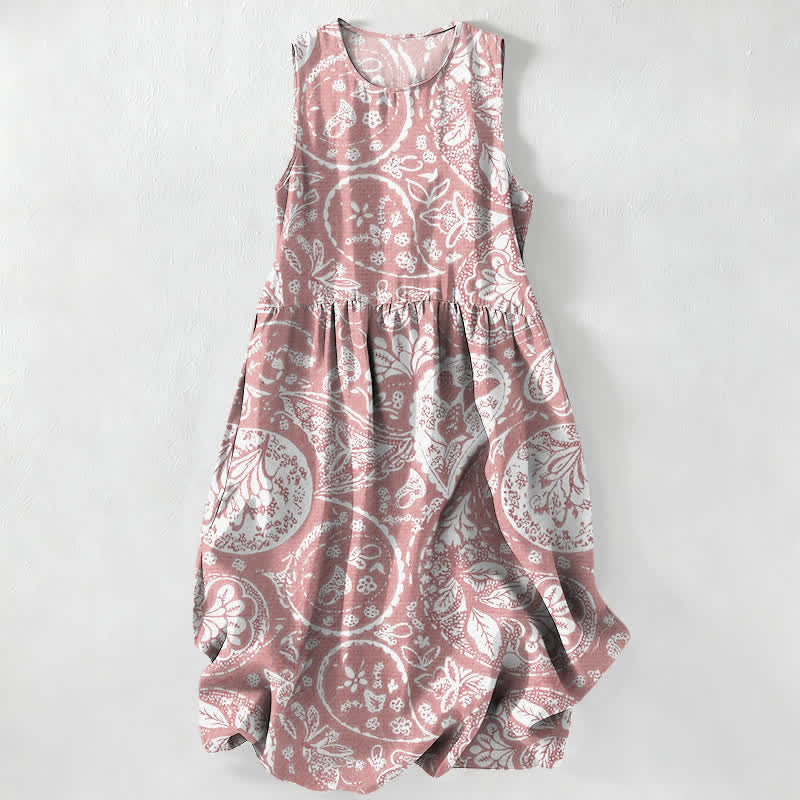 Buddha Stones Summer Casual White Medallion Floral Pattern Women's Summer Sleeveless Midi Dress With Pockets - LightPink - US16,UK/AU20,EU48 (3XL) - image 8