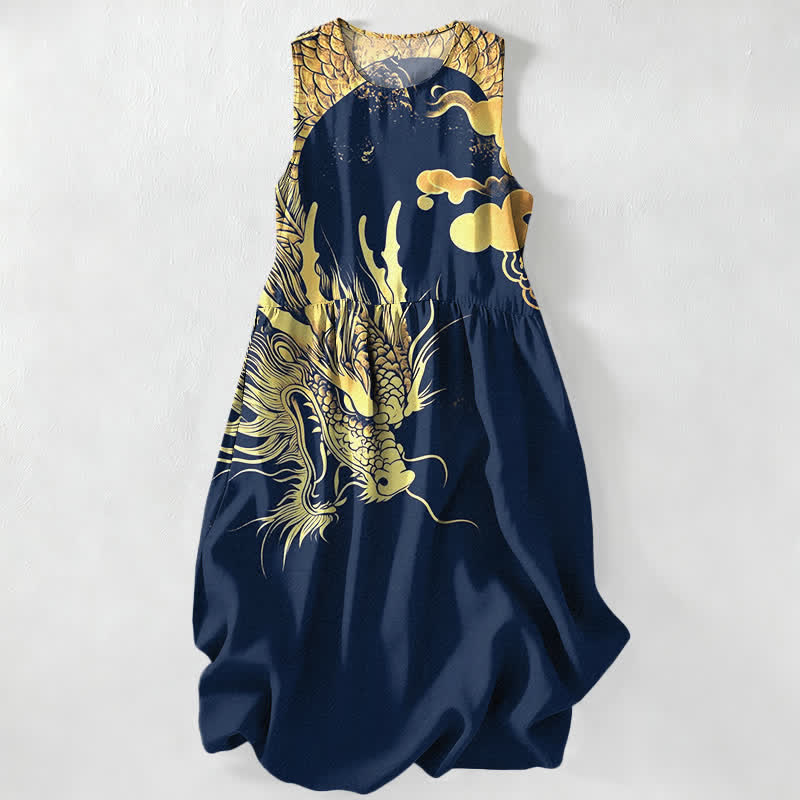 Buddha Stones Summer Casual Golden Dragon Cloud Pattern Women's Summer Sleeveless Midi Dress With Pockets - Navy - US16,UK/AU20,EU48 (3XL) - image 0
