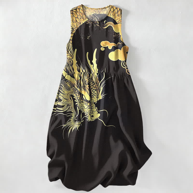 Buddha Stones Summer Casual Golden Dragon Cloud Pattern Women's Summer Sleeveless Midi Dress With Pockets - Black - US16,UK/AU20,EU48 (3XL) - image 4