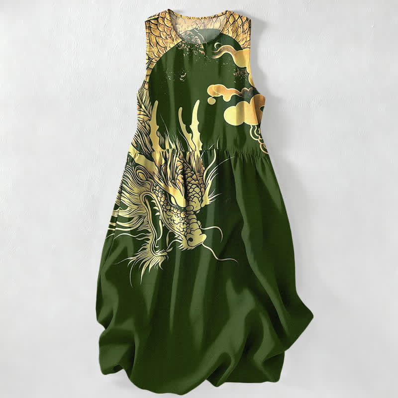 Buddha Stones Summer Casual Golden Dragon Cloud Pattern Women's Summer Sleeveless Midi Dress With Pockets - DarkOliveGreen - US16,UK/AU20,EU48 (3XL) - image 8