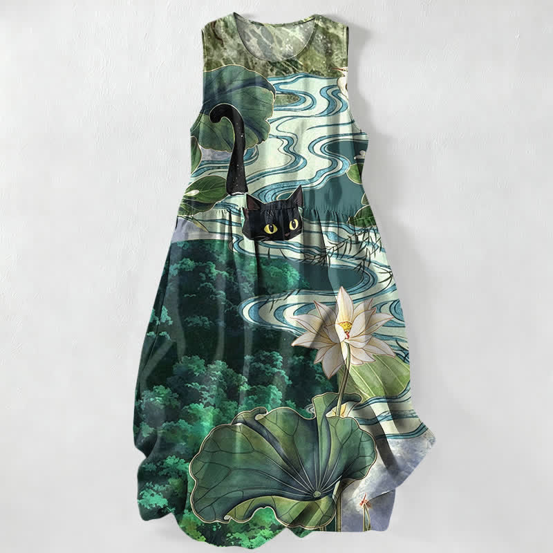 Buddha Stones Summer Casual Lotus Black Cat Pattern Women's Summer Sleeveless Midi Dress With Pockets - Teal - US16,UK/AU20,EU48 (3XL) - image 0