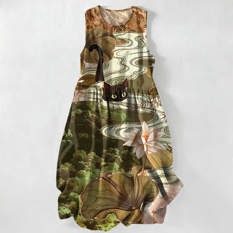 Buddha Stones Summer Casual Lotus Black Cat Pattern Women's Summer Sleeveless Midi Dress With Pockets - DarkKhaki - US16,UK/AU20,EU48 (3XL) - image 4