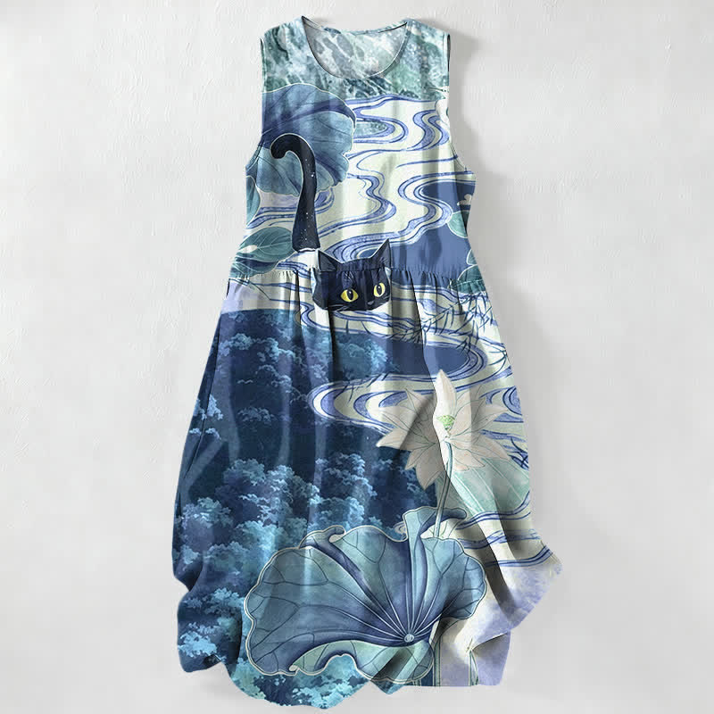 Buddha Stones Summer Casual Lotus Black Cat Pattern Women's Summer Sleeveless Midi Dress With Pockets - LightSkyBlue - US16,UK/AU20,EU48 (3XL) - image 8