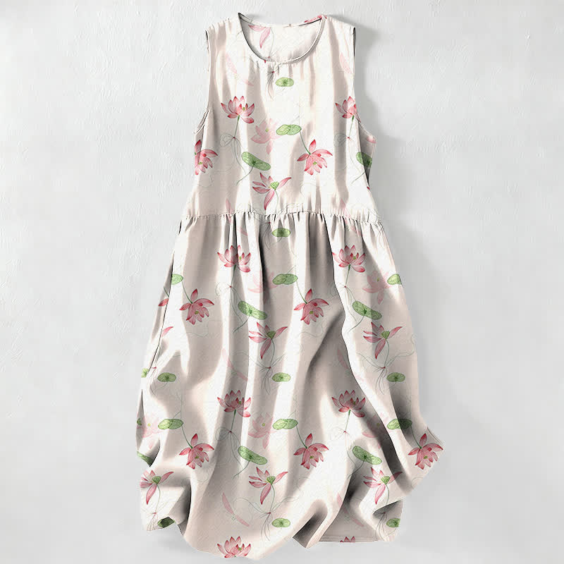 Buddha Stones Summer Casual Lotus Leaves Pattern Women's Summer Sleeveless Midi Dress With Pockets - Ivory - US16,UK/AU20,EU48 (3XL) - image 0