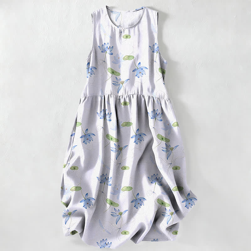 Buddha Stones Summer Casual Lotus Leaves Pattern Women's Summer Sleeveless Midi Dress With Pockets - Lavender - US16,UK/AU20,EU48 (3XL) - image 4