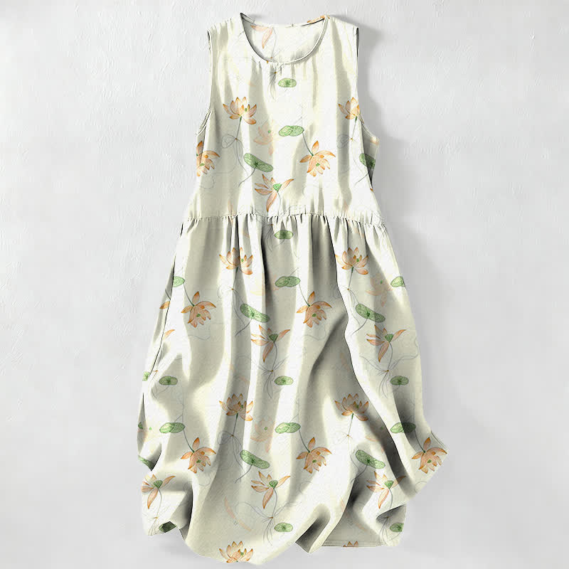 Buddha Stones Summer Casual Lotus Leaves Pattern Women's Summer Sleeveless Midi Dress With Pockets - Honeydew - US16,UK/AU20,EU48 (3XL) - image 8