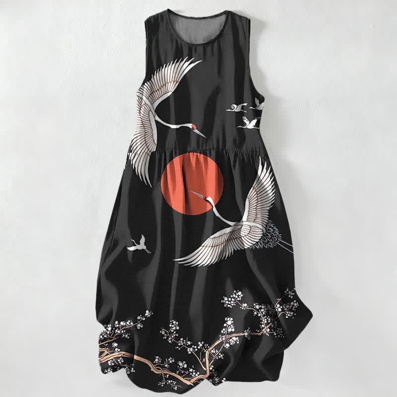 Buddha Stones Summer Casual Crane Red Sun Pattern Women's Summer Sleeveless Midi Dress With Pockets - Black - US16,UK/AU20,EU48 (3XL) - image 0