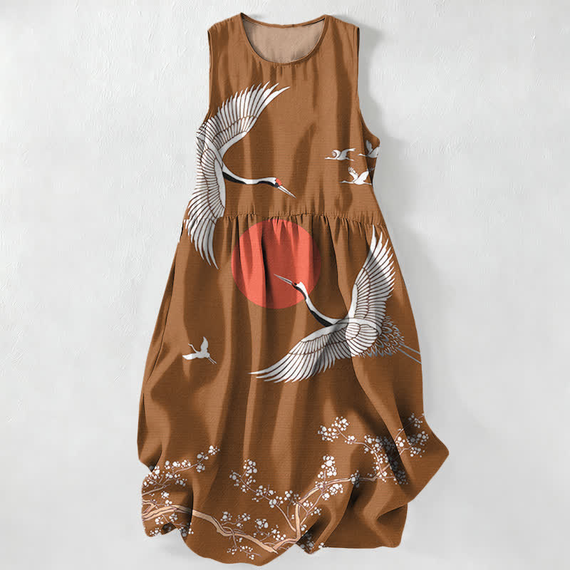 Buddha Stones Summer Casual Crane Red Sun Pattern Women's Summer Sleeveless Midi Dress With Pockets - Sienna - US16,UK/AU20,EU48 (3XL) - image 4