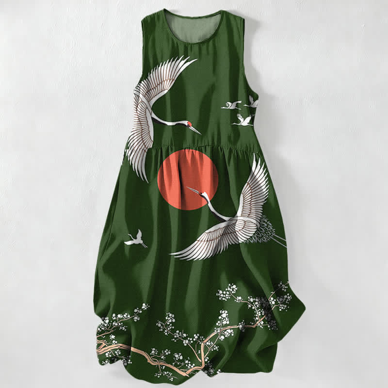 Buddha Stones Summer Casual Crane Red Sun Pattern Women's Summer Sleeveless Midi Dress With Pockets - ForestGreen - US16,UK/AU20,EU48 (3XL) - image 8