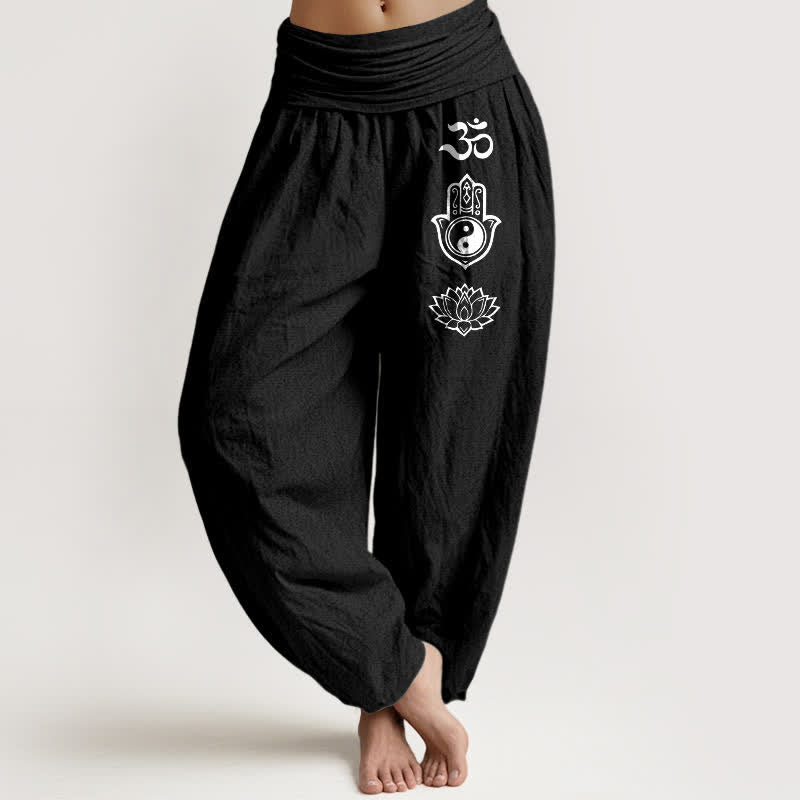 Buddha Stones Pure Cotton Om Hamsa Yin Yang Lotus Pattern Women's Elastic Waist Harem Pants - Black - US16,UK/AU20,EU48 (3XL) - image 5