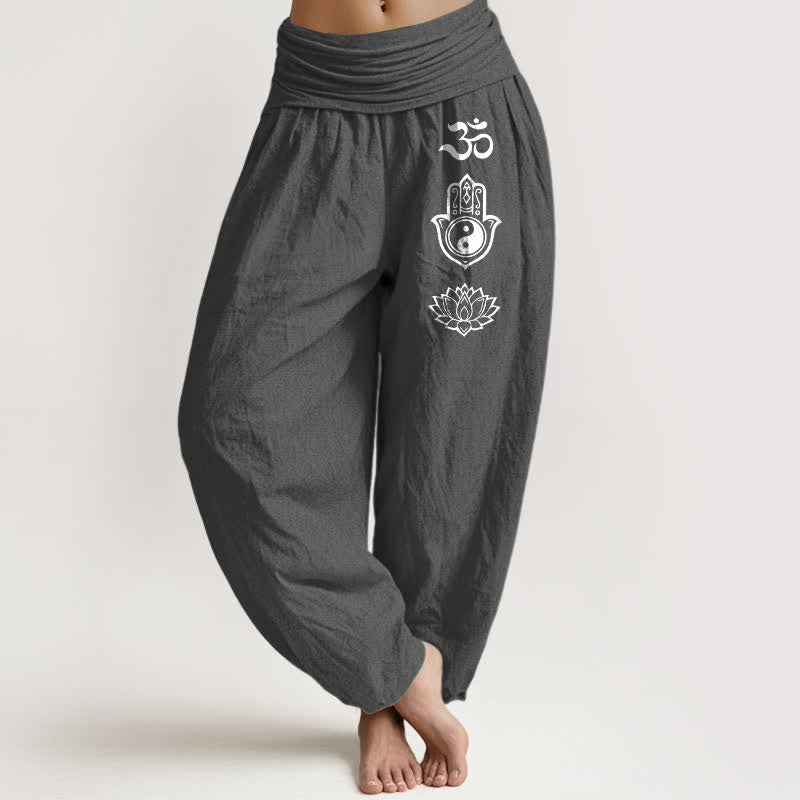 Buddha Stones Pure Cotton Om Hamsa Yin Yang Lotus Pattern Women's Elastic Waist Harem Pants - DimGray - US16,UK/AU20,EU48 (3XL) - image 11