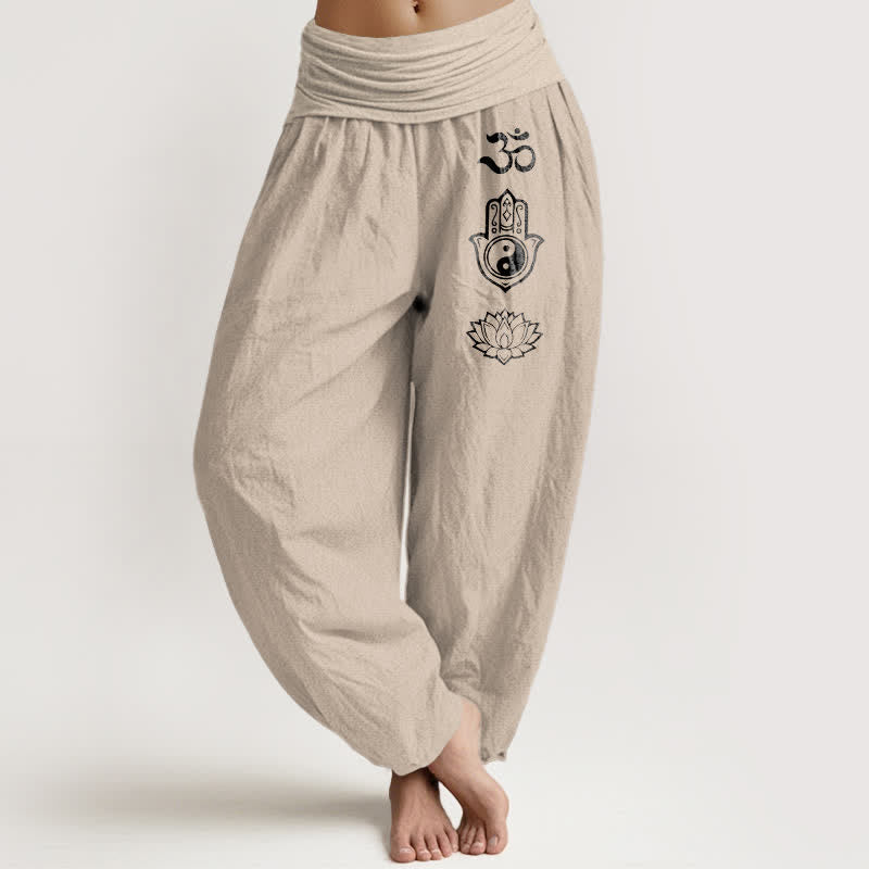 Buddha Stones Pure Cotton Om Hamsa Yin Yang Lotus Pattern Women's Elastic Waist Harem Pants - Tan - US16,UK/AU20,EU48 (3XL) - image 0
