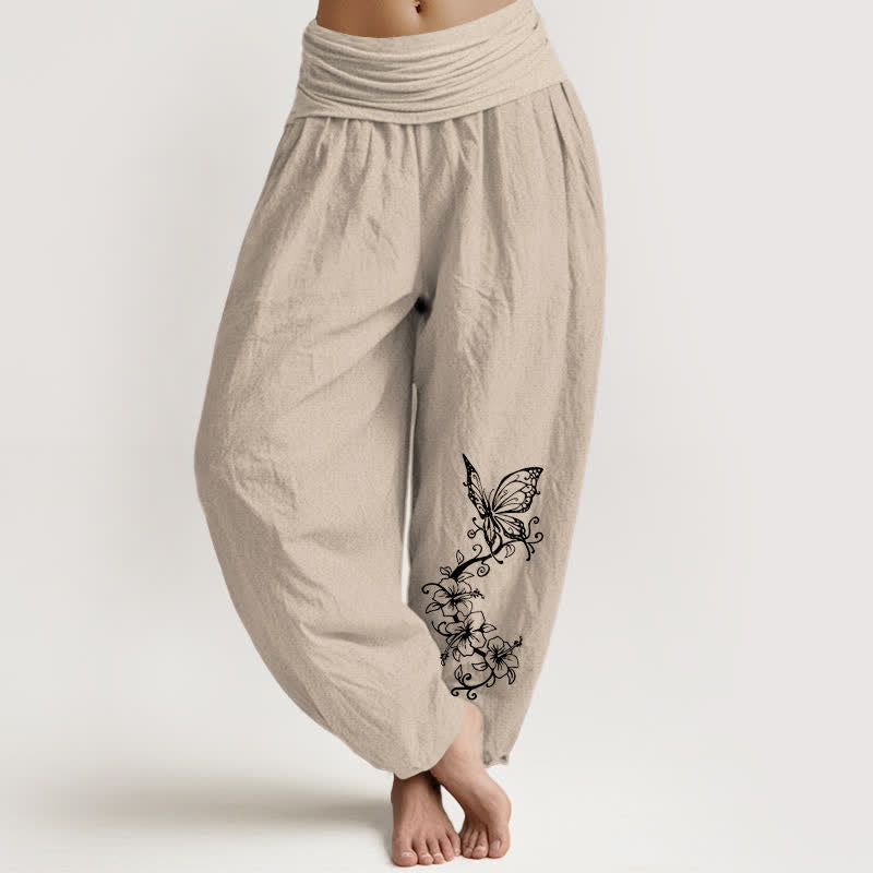 Buddha Stones Pure Cotton Butterfly Floral Pattern Women's Elastic Waist Harem Pants - Tan - US16,UK/AU20,EU48 (3XL) - image 14