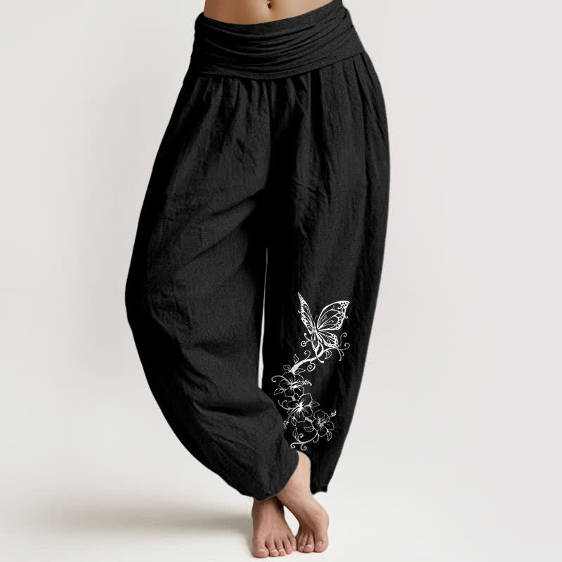 Buddha Stones Pure Cotton Butterfly Floral Pattern Women's Elastic Waist Harem Pants - Black - US16,UK/AU20,EU48 (3XL) - image 5