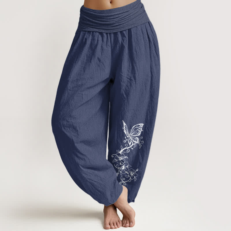 Buddha Stones Pure Cotton Butterfly Floral Pattern Women's Elastic Waist Harem Pants - DarkSlateBlue - US16,UK/AU20,EU48 (3XL) - image 0