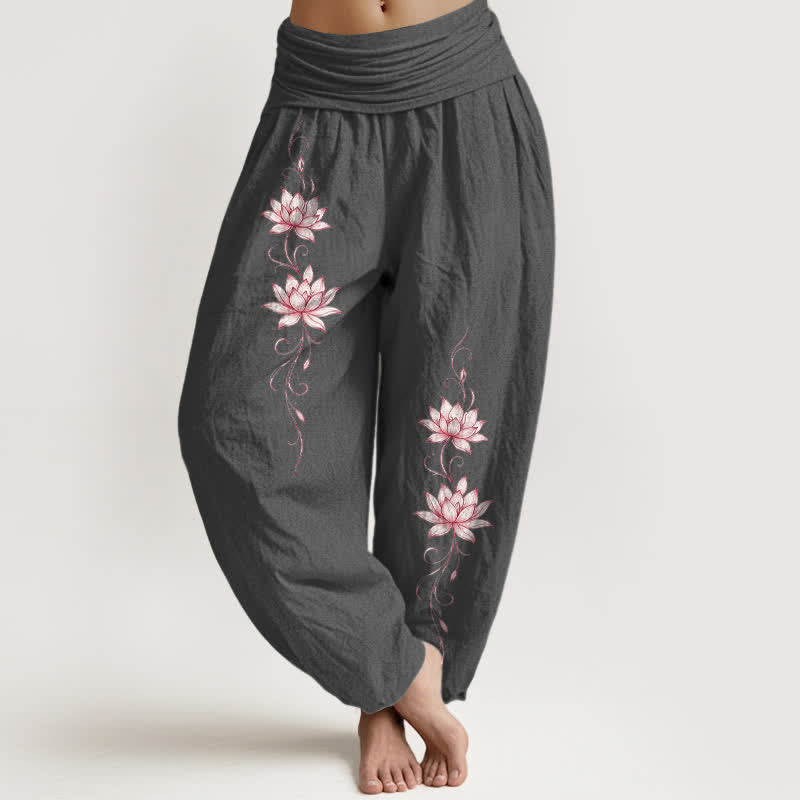 Buddha Stones Pure Cotton Lotus Blossom Pattern Women's Elastic Waist Harem Pants - DimGray - US16,UK/AU20,EU48 (3XL) - image 8