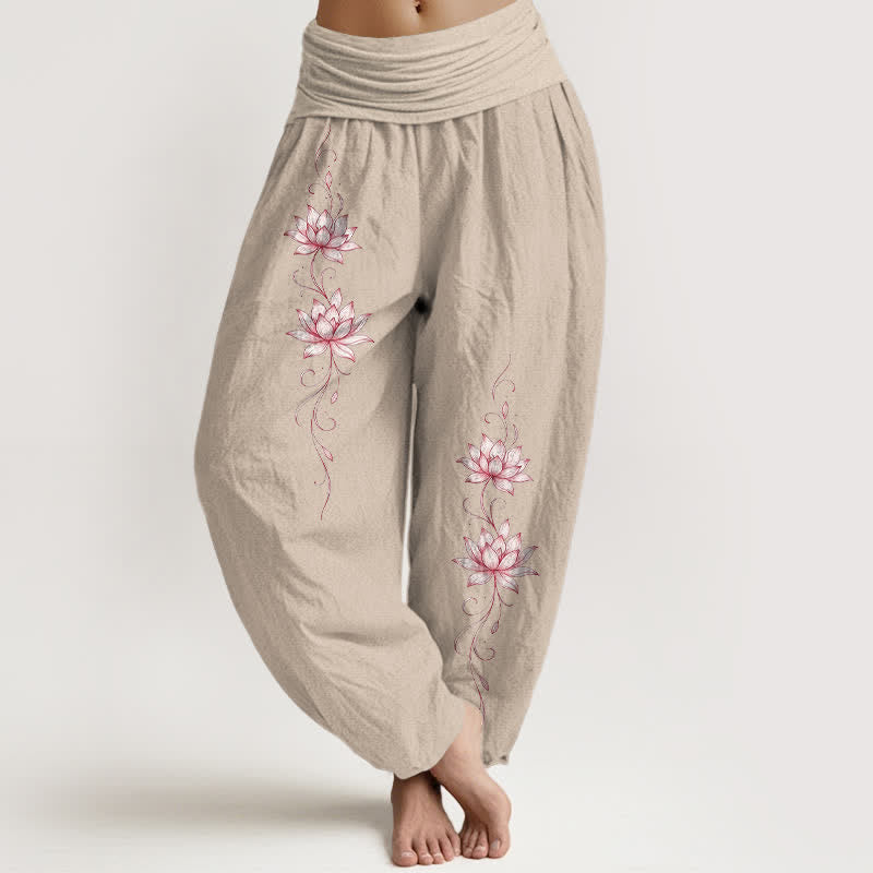 Buddha Stones Pure Cotton Lotus Blossom Pattern Women's Elastic Waist Harem Pants - Tan - US16,UK/AU20,EU48 (3XL) - image 14