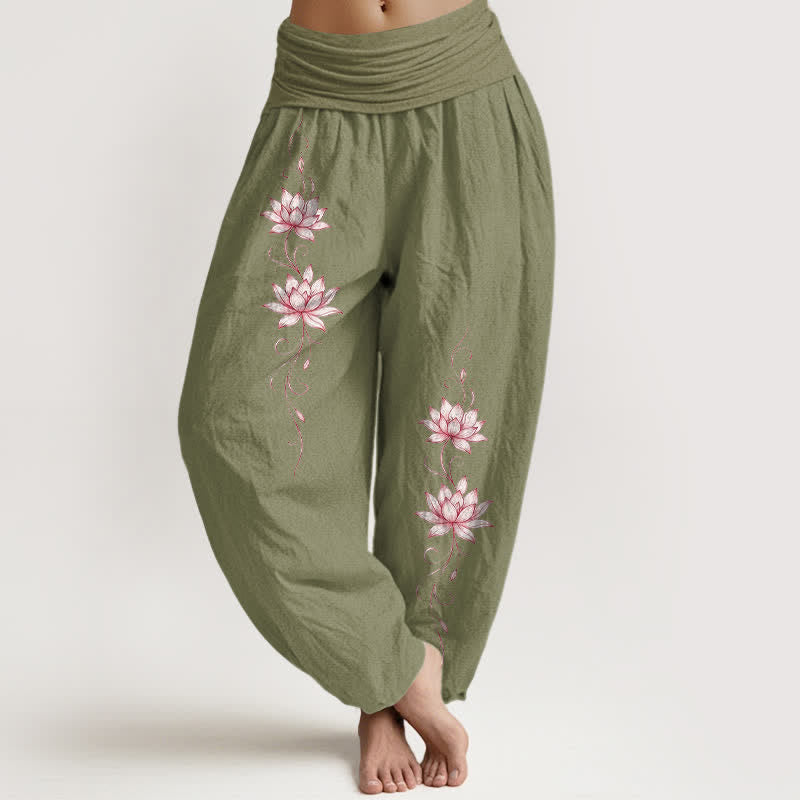 Buddha Stones Pure Cotton Lotus Blossom Pattern Women's Elastic Waist Harem Pants - OliveDrab - US16,UK/AU20,EU48 (3XL) - image 11