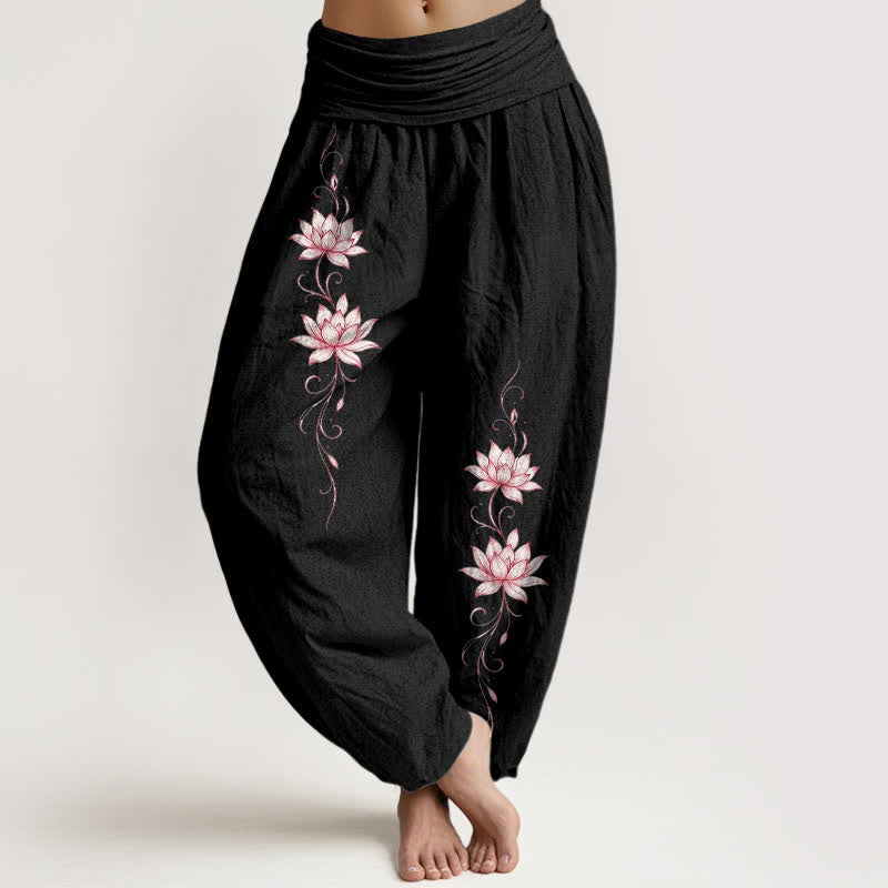 Buddha Stones Pure Cotton Lotus Blossom Pattern Women's Elastic Waist Harem Pants - Black - US16,UK/AU20,EU48 (3XL) - image 0