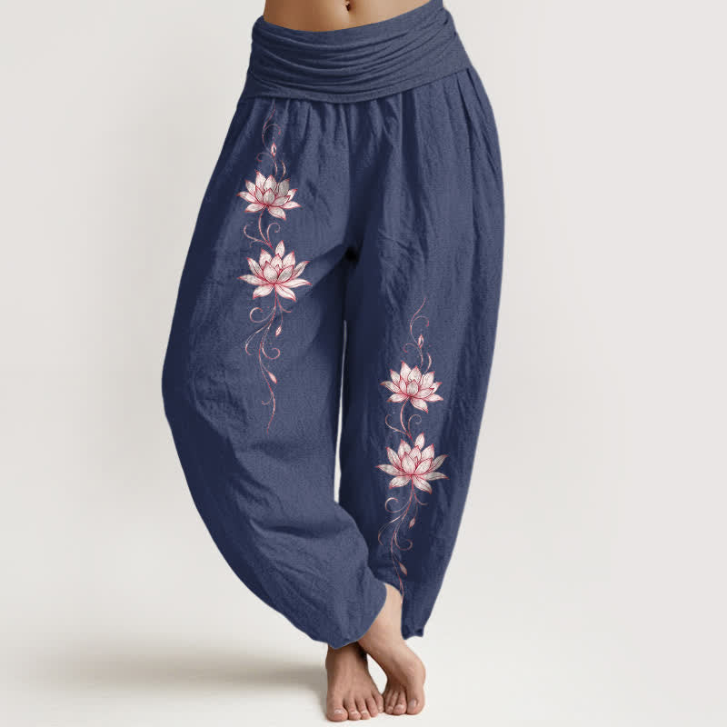 Buddha Stones Pure Cotton Lotus Blossom Pattern Women's Elastic Waist Harem Pants - DarkSlateBlue - US16,UK/AU20,EU48 (3XL) - image 5