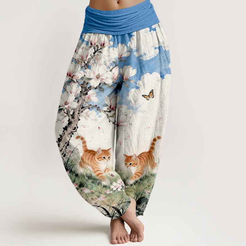 Buddha Stones Pure Cotton Magnolia Orange Tabby Cats Pattern Women's Elastic Waist Harem Pants - CornflowerBlue - US16,UK/AU20,EU48 (3XL) - image 0