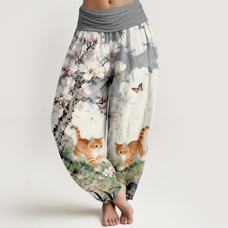 Buddha Stones Pure Cotton Magnolia Orange Tabby Cats Pattern Women's Elastic Waist Harem Pants - Gray - US16,UK/AU20,EU48 (3XL) - image 5
