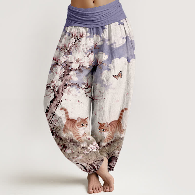 Buddha Stones Pure Cotton Magnolia Orange Tabby Cats Pattern Women's Elastic Waist Harem Pants - Lavender - US16,UK/AU20,EU48 (3XL) - image 8