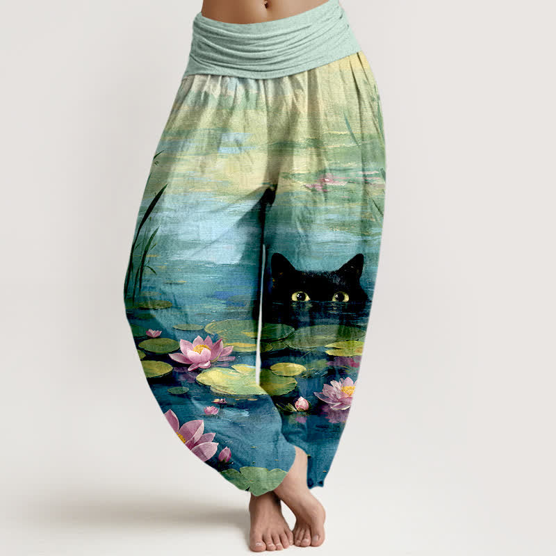 Buddha Stones Cotton Lotus Pond Cat Pattern Women's Elastic Waist Harem Pants - MediumTurquoise - US16,UK/AU20,EU48 (3XL) - image 0